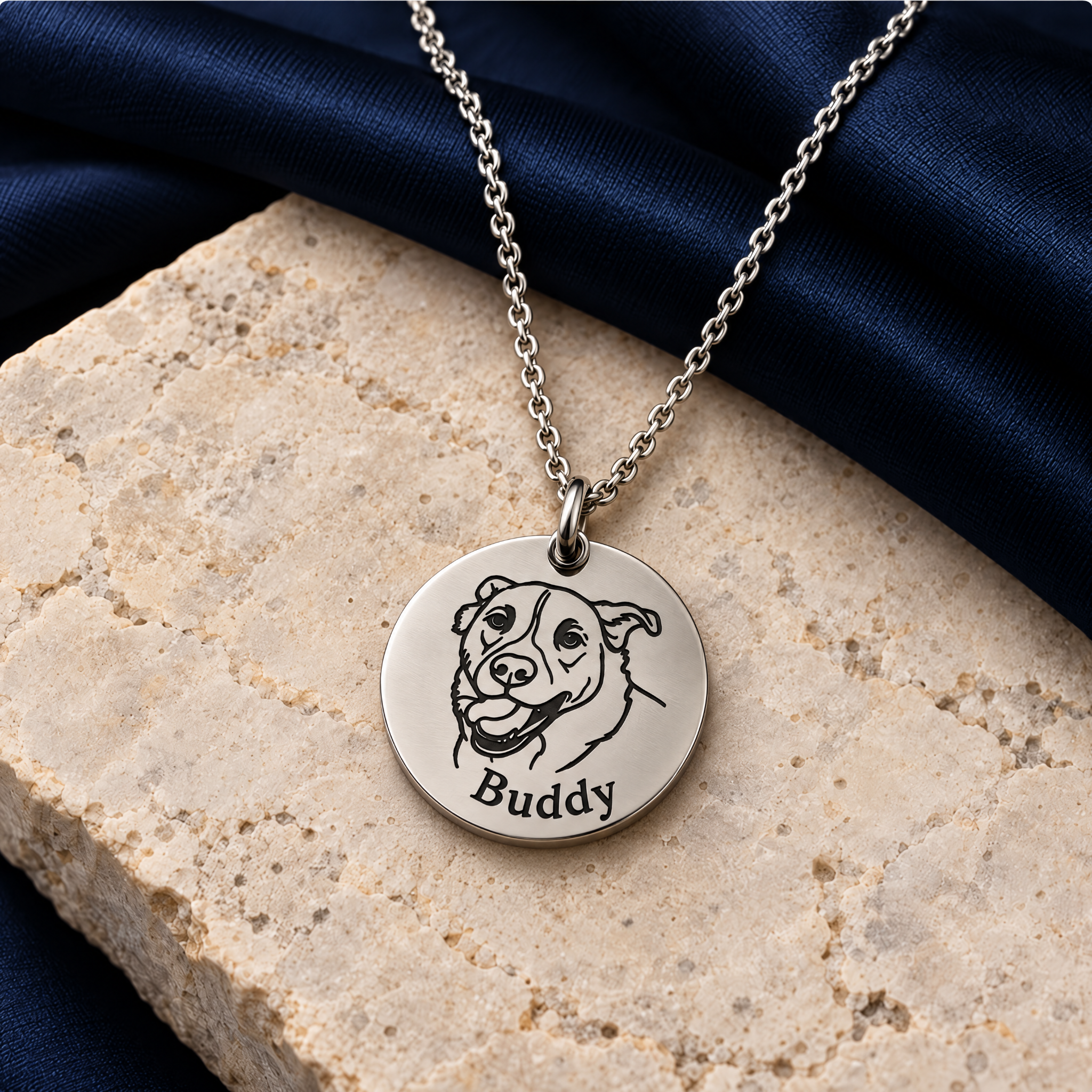 Stainless steel necklace engraved with Buddy’s portrait and name, on stone and navy fabric.